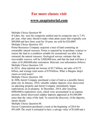 For more classes visit
www.snaptutorial.com
Multiple Choice Question 90
If Labor, Inc. uses the composite method and its composite rate is 7.5%
per year, what entry should it make when plant assets that originally cost
$80,000 and have been used for 10 years are sold for $24,000?
Multiple Choice Question 102
Porter Resources Company acquired a tract of land containing an
extractable natural resource. Porter is required by its purchase contract to
restore the land to a condition suitable for recreational use after it has
extracted the natural resource. Geological surveys estimate that the
recoverable reserves will be 2,000,000 tons, and that the land will have a
value of $1,000,000 after restoration. Relevant cost information follows:
Multiple Choice Question 110
In 2014, shop reported net income of $5.7 billion, net sales of $175
billion, and average total assets of $70 billion. What is Bargain shop's
return on total assets?
Multiple Choice Question 106
In 2006, Jarrett Company purchased a tract of land as a possible future
plant site. In January, 2014, valuable sulphur deposits were discovered
on adjoining property and Jarrett Company immediately began
explorations on its property. In December, 2014, after incurring
$800,000 in exploration costs, which were accumulated in an expense
account, Jarrett discovered sulphur deposits appraised at $4,500,000
more than the value of the land. To record the discovery of the deposits,
Jarrett should
Multiple Choice Question 66
Grover Corporation purchased a truck at the beginning of 2014 for
$93,600. The truck is estimated to have a salvage value of $3,600 and a
 