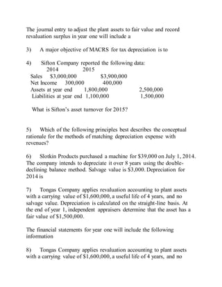 The journal entry to adjust the plant assets to fair value and record
revaluation surplus in year one will include a
3) A major objective of MACRS for tax depreciation is to
4) Sifton Company reported the following data:
2014 2015
Sales $3,000,000 $3,900,000
Net Income 300,000 400,000
Assets at year end 1,800,000 2,500,000
Liabilities at year end 1,100,000 1,500,000
What is Sifton’s asset turnover for 2015?
5) Which of the following principles best describes the conceptual
rationale for the methods of matching depreciation expense with
revenues?
6) Slotkin Products purchased a machine for $39,000 on July 1, 2014.
The company intends to depreciate it over 8 years using the double-
declining balance method. Salvage value is $3,000. Depreciation for
2014 is
7) Tongas Company applies revaluation accounting to plant assets
with a carrying value of $1,600,000, a useful life of 4 years, and no
salvage value. Depreciation is calculated on the straight-line basis. At
the end of year 1, independent appraisers determine that the asset has a
fair value of $1,500,000.
The financial statements for year one will include the following
information
8) Tongas Company applies revaluation accounting to plant assets
with a carrying value of $1,600,000, a useful life of 4 years, and no
 