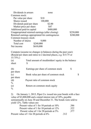 Dividends in arrears none
Common stock:
Par value per share $10
Shares issued 100,000
Dividends paid per share $2.00
Market price per share $47
Additional paid-in capital $480,000
Unappropriated retained earnings (after closing) $250,000
Retained earnings appropriated for contingencies $280,000
Common treasury stock:
Number of shares 9,000
Total cost $240,000
Net income $610,000
Compute (assume no changes in balances during the past year):
(Round per share and ratios to 2 decimal places, e.g. $15.75 or
15.75%.)
(a) Total amount of stockholders' equity in the balance
sheet $
(b) Earnings per share of common stock $
per share
(c) Book value per share of common stock $
per share
(d) Payout ratio of common stock
%
(e) Return on common stock equity
%
2) On January 1, 2015, Piper Co. issued ten-year bonds with a face
value of $3,000,000 and a stated interest rate of 10%, payable
semiannually on June 30 and December 31. The bonds were sold to
yield 12%. Table values are:
Present value of 1 for 10 periods at 10% .386
Present value of 1 for 10 periods at 12% .322
Present value of 1 for 20 periods at 5% .377
Present value of 1 for 20 periods at 6% .312
 
