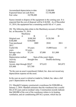Accumulated depreciation to date 2,248,000
Expected future net cash flows 15,736,000
Fair value 10,790,400
Suarez intends to dispose of the equipment in the coming year. It is
expected that the cost of disposal will be $ 44,960 . As of December
31, 2014, the equipment has a remaining useful life of 4 years.
20) The following data relate to the Machinery account of Eshkol,
Inc. at December 31, 2014.
Machinery
A B C D
Original cost $108,560 $120,360
$188,800 $188,800
Year purchased 2009 2010 2011
2013
Useful life 10 years 15,000 hours 15
years 10 years
Salvage value $7,316 $7,080 $11,800
$11,800
Depreciation method Sum-of-the-years'-digits
Activity Straight-line Double-declining
balance
Accum. depr through 2014* $73,632 $83,072
$35,400 $37,760
*In the year an asset is purchased, Eshkol, Inc. does not record any
depreciation expense on the asset.
In the year an asset is retired or traded in, Eshkol, Inc. takes a full
year’s depreciation on the asset.
21) Mandall Company constructed a warehouse for $280,000 on
January 2, 2014. Mandall estimates that the warehouse has a useful
life of 20 years and no residual value. Construction records indicate
that $40,000 of the cost of the warehouse relates to its heating,
ventilation, and air conditioning (HVAC) system, which has an
 