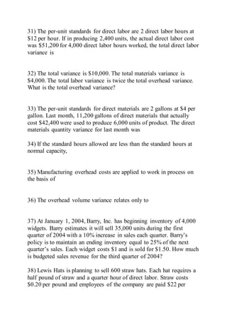 31) The per-unit standards for direct labor are 2 direct labor hours at
$12 per hour. If in producing 2,400 units, the actual direct labor cost
was $51,200 for 4,000 direct labor hours worked, the total direct labor
variance is
32) The total variance is $10,000. The total materials variance is
$4,000. The total labor variance is twice the total overhead variance.
What is the total overhead variance?
33) The per-unit standards for direct materials are 2 gallons at $4 per
gallon. Last month, 11,200 gallons of direct materials that actually
cost $42,400 were used to produce 6,000 units of product. The direct
materials quantity variance for last month was
34) If the standard hours allowed are less than the standard hours at
normal capacity,
35) Manufacturing overhead costs are applied to work in process on
the basis of
36) The overhead volume variance relates only to
37) At January 1, 2004, Barry, Inc. has beginning inventory of 4,000
widgets. Barry estimates it will sell 35,000 units during the first
quarter of 2004 with a 10% increase in sales each quarter. Barry’s
policy is to maintain an ending inventory equal to 25% of the next
quarter’s sales. Each widget costs $1 and is sold for $1.50. How much
is budgeted sales revenue for the third quarter of 2004?
38) Lewis Hats is planning to sell 600 straw hats. Each hat requires a
half pound of straw and a quarter hour of direct labor. Straw costs
$0.20 per pound and employees of the company are paid $22 per
 