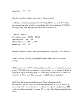 Inspections 800 700
Overhead applied to Mini A using activity-based costing is
17) Poodle Company manufactures two products, Mini A and Maxi B. Poodle's
overhead costs consist of setting up machines, $800,000; machining, $1,800,000;
and inspecting, $600,000. Information on the two products is:
Mini A Maxi B
Direct labor hours 15,000 25,000
Machine setups 600 400
Machine hours 24,000 26,000
Inspections 800 700
Overhead applied to Mini A using traditional costing using direct labor hours is
18) Which of the following factors would suggest a switch to activity-based
costing?
19) Rosen, Inc. has 10,000 obsolete calculators, which are carried in inventory at
a cost of $20,000. If the calculators are scrapped, they can be sold for $1.10 each
(for parts). If they are repackaged, at a cost of $15,000, they could be sold to toy
stores for $2.50 per unit. What alternative should be chosen, and why?
20) Walton, Inc. is unsure of whether to sell its product assembled or
unassembled. The unit cost of the unassembled product is $16, while the cost of
assembling each unit is estimated at $17. Unassembled units can be sold for $55,
while assembled units could be sold for $71 per unit. What decision should Walton
make?
 