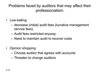 Problems faced by auditors that may affect their
                professionalism:

• Low-balling
   – decrease (initial) audit fees (lucrative management
     service fees)
   – Audit fees restricted anyway.
   – Need to maintain audit to recover costs

• Opinion shopping
  – Choose auditor that agrees with accounts
  – Threaten to change auditors


2-18
 