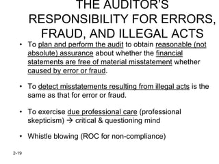THE AUDITOR’S
       RESPONSIBILITY FOR ERRORS,
        FRAUD, AND ILLEGAL ACTS
  • To plan and perform the audit to obtain reasonable (not
    absolute) assurance about whether the financial
    statements are free of material misstatement whether
    caused by error or fraud.

  • To detect misstatements resulting from illegal acts is the
    same as that for error or fraud.

  • To exercise due professional care (professional
    skepticism)  critical & questioning mind

  • Whistle blowing (ROC for non-compliance)

2-19
 