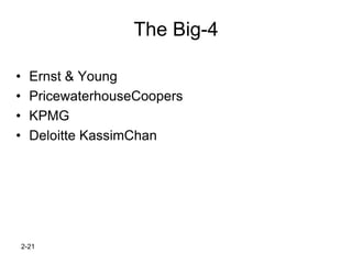 The Big-4

•     Ernst & Young
•     PricewaterhouseCoopers
•     KPMG
•     Deloitte KassimChan




    2-21
 