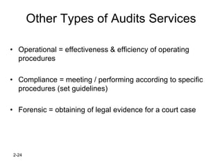Other Types of Audits Services

• Operational = effectiveness & efficiency of operating
  procedures

• Compliance = meeting / performing according to specific
  procedures (set guidelines)

• Forensic = obtaining of legal evidence for a court case




 2-24
 