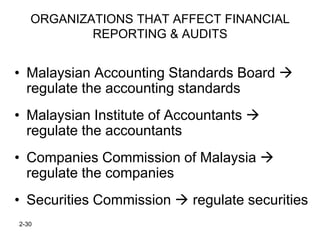 ORGANIZATIONS THAT AFFECT FINANCIAL
           REPORTING & AUDITS


• Malaysian Accounting Standards Board 
  regulate the accounting standards
• Malaysian Institute of Accountants 
  regulate the accountants
• Companies Commission of Malaysia 
  regulate the companies
• Securities Commission  regulate securities
2-30
 