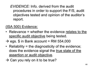 EVIDENCE: Info. derived from the audit
   procedures in order to support the F/S, audit
   objectives tested and opinion of the auditor’s
   report.

(ISA 500) Evidence:
• Relevance = whether the evidence relates to the
   specific audit objective being tested.
 egs. $ in Bank account = RM 554,000
• Reliability = the diagnosticity of the evidence;
   does the evidence signal the true state of the
   assertion or audit objective.
 Can you rely on it to be true?
                                                    44
 