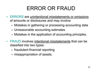 ERROR OR FRAUD
• ERRORS are unintentional misstatements or omissions
  of amounts or disclosures and may involve:
   – Mistakes in gathering or processing accounting data
   – Unreasonable accounting estimates
   – Mistakes in the application of accounting principles.

• FRAUD involves intentional misstatements that can be
  classified into two types:
   – fraudulent financial reporting
   – misappropriation of assets.


                                                         57
 