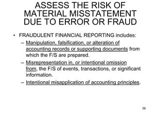 ASSESS THE RISK OF
    MATERIAL MISSTATEMENT
    DUE TO ERROR OR FRAUD
• FRAUDULENT FINANCIAL REPORTING includes:
   – Manipulation, falsification, or alteration of
     accounting records or supporting documents from
     which the F/S are prepared.
   – Misrepresentation in, or intentional omission
     from, the F/S of events, transactions, or significant
     information.
   – Intentional misapplication of accounting principles.



                                                             58
 