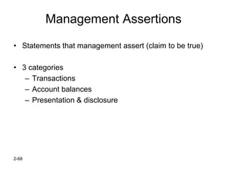 Management Assertions
• Statements that management assert (claim to be true)

• 3 categories
   – Transactions
   – Account balances
   – Presentation & disclosure




2-68
 