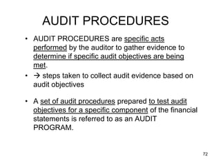 AUDIT PROCEDURES
• AUDIT PROCEDURES are specific acts
  performed by the auditor to gather evidence to
  determine if specific audit objectives are being
  met.
•  steps taken to collect audit evidence based on
  audit objectives

• A set of audit procedures prepared to test audit
  objectives for a specific component of the financial
  statements is referred to as an AUDIT
  PROGRAM.


                                                         72
 