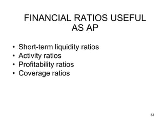 FINANCIAL RATIOS USEFUL
              AS AP

•   Short-term liquidity ratios
•   Activity ratios
•   Profitability ratios
•   Coverage ratios




                                  83
 
