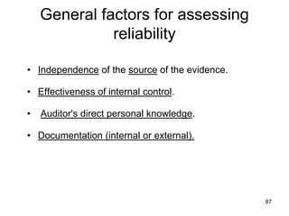 General factors for assessing
              reliability

• Independence of the source of the evidence.

• Effectiveness of internal control.

•   Auditor's direct personal knowledge.

• Documentation (internal or external).




                                                87
 