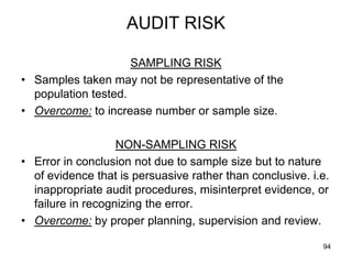 AUDIT RISK

                     SAMPLING RISK
• Samples taken may not be representative of the
  population tested.
• Overcome: to increase number or sample size.

                   NON-SAMPLING RISK
• Error in conclusion not due to sample size but to nature
  of evidence that is persuasive rather than conclusive. i.e.
  inappropriate audit procedures, misinterpret evidence, or
  failure in recognizing the error.
• Overcome: by proper planning, supervision and review.

                                                           94
 