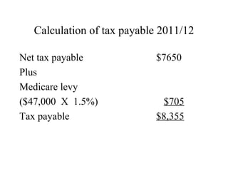 Calculation of tax payable 2011/12

Net tax payable            $7650
Plus
Medicare levy
($47,000 X 1.5%)             $705
Tax payable                $8,355
 