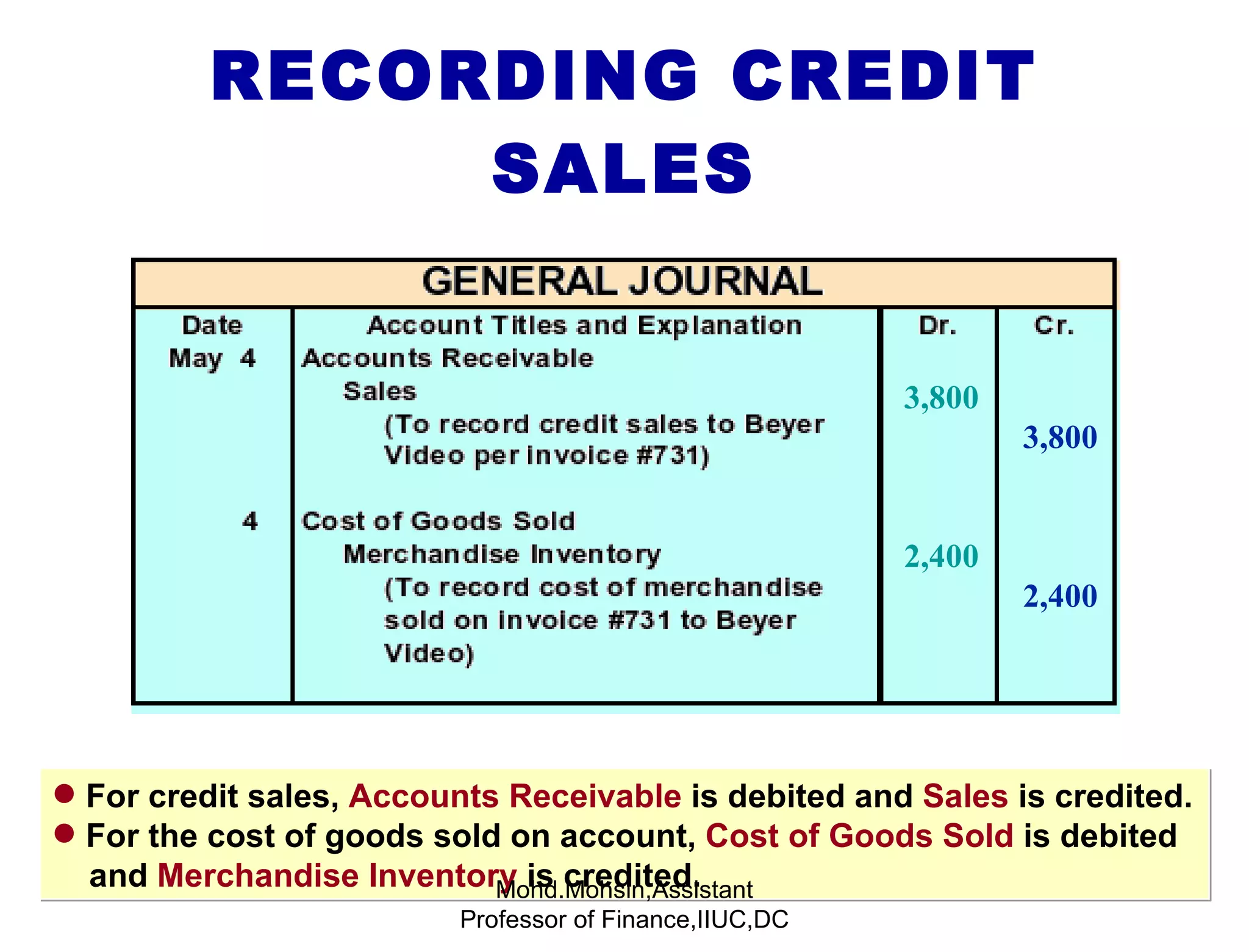 RECORDING CREDIT SALES For credit sales,  Accounts Receivable  is debited and  Sales  is credited. For the cost of goods sold on account,  Cost of Goods Sold  is debited  and  Merchandise Inventory  is credited. Mohd.Mohsin,Assistant Professor of Finance,IIUC,DC 3,800 3,800 2,400 2,400 