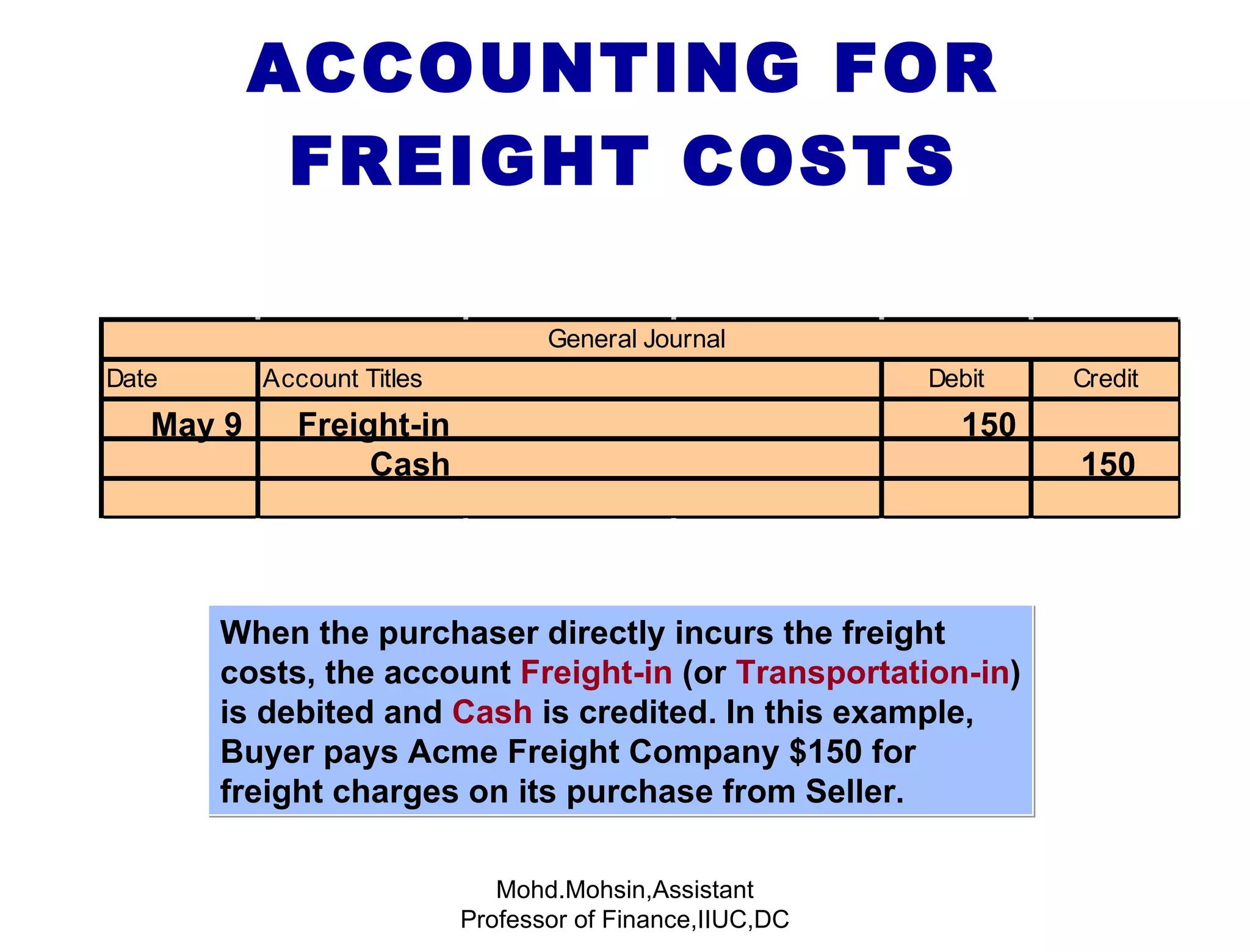 ACCOUNTING FOR FREIGHT COSTS When the purchaser directly incurs the freight costs, the account  Freight-in  (or  Transportation-in ) is debited and  Cash  is credited. In this example, Buyer pays Acme Freight Company $150 for freight charges on its purchase from Seller.  Mohd.Mohsin,Assistant Professor of Finance,IIUC,DC May 9  Freight-in  150 Cash  150 