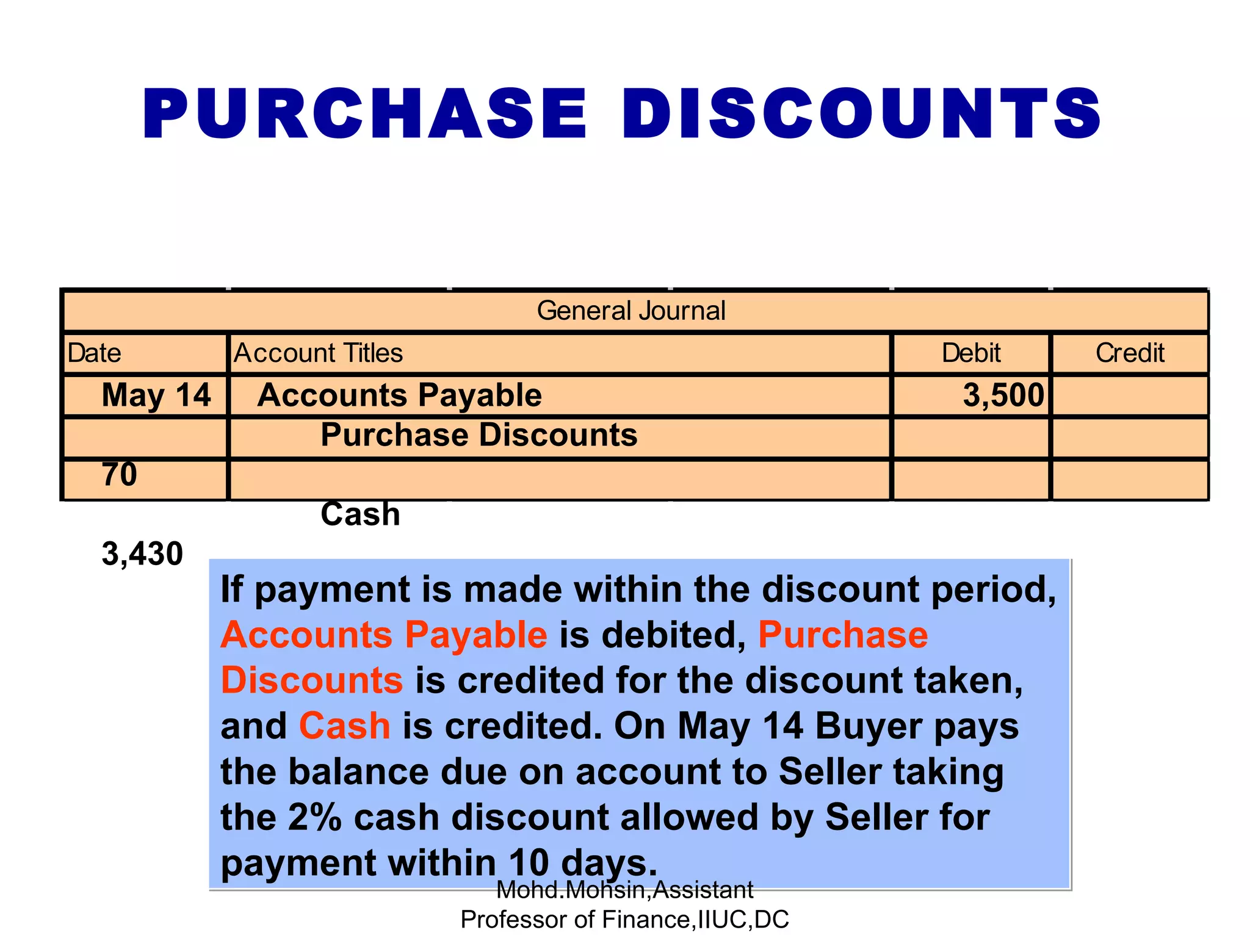 PURCHASE DISCOUNTS If payment is made within the discount period,  Accounts Payable   is debited,  Purchase Discounts   is credited for the discount taken, and  Cash  is credited. On May 14 Buyer pays the balance due on account to Seller taking the 2% cash discount allowed by Seller for payment within 10 days.  Mohd.Mohsin,Assistant Professor of Finance,IIUC,DC May 14  Accounts Payable  3,500 Purchase Discounts  70 Cash  3,430 