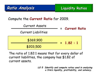 LO 5  Identify and compute ratios used in analyzing a firm’s liquidity, profitability, and solvency. Ratio Analysis  Compute the  Current Ratio  for 2009. The ratio of 1.82:1 means that for every dollar of current liabilities, the company has $1.82 of current assets. Current Assets Current Liabilities  =   Current Ratio $369,900 $203,500  =   1.82 : 1 Liquidity Ratios 