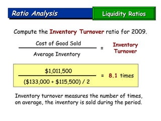 Ratio Analysis Compute the  Inventory Turnover   ratio for 2009. Inventory turnover measures the number of times, on average, the inventory is sold during the period. $1,011,500 ($133,000 + $115,500) / 2  =   8.1  times   Cost of Good Sold Average Inventory  Inventory Turnover = Liquidity Ratios 