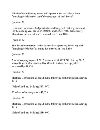 Which of the following events will appear in the cash flows from
financing activities section of the statement of cash flows?
Question 21
Heartland Company's budgeted sales and budgeted cost of goods sold
for the coming year are $146,550,000 and $35,397,000 respectively.
Short-term interest rates are expected to average 10%.
Question 22
The financial statement which summarizes operating, investing, and
financing activities of an entity for a period of time is the:
Question 23
Ames Company reported 2012 net income of $159,290. During 2012,
accounts receivable increased by $15,630 and accounts payable
increased by $9,930.
Question 24
Martinez Corporation engaged in the following cash transactions during
2012.
Sale of land and building $191,970
Purchase of treasury stock 45,020
Question 25
Martinez Corporation engaged in the following cash transactions during
2012.
Sale of land and building $184,990
 