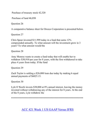 Purchase of treasury stock 42,320
Purchase of land 46,050
Question 26
A comparative balance sheet for Orozco Corporation is presented below.
Question 27
Chris Spear invested $11,999 today in a fund that earns 12%
compounded annually. To what amount will the investment grow in 3
years? To what amount would the
Question 28
Amy Monroe wants to create a fund today that will enable her to
withdraw $30,910 per year for 8 years, with the first withdrawal to take
place 4 years from today. If the fund
Question 29
Zach Taylor is settling a $26,000 loan due today by making 6 equal
annual payments of $6025.15.
Question 30
Lyle O 'Keefe invests $30,000 at 8% annual interest, leaving the money
invested without withdrawing any of the interest for 8 years. At the end
of the 8 years, Lyle withdrew the
**********************************************************
ACC 421 Week 1 US GAAP Versus IFRS
 