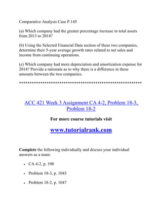 Comparative Analysis Case P.145
(a) Which company had the greater percentage increase in total assets
from 2013 to 2014?
(b) Using the Selected Financial Data section of these two companies,
determine their 5-year average growth rates related to net sales and
income from continuing operations.
(c) Which company had more depreciation and amortization expense for
2014? Provide a rationale as to why there is a difference in these
amounts between the two companies.
**********************************************************
ACC 421 Week 3 Assignment CA 4-2, Problem 18-3,
Problem 18-2
For more course tutorials visit
www.tutorialrank.com
Complete the following individually and discuss your individual
answers as a team:
 CA 4-2, p. 190
 Problem 18-3, p. 1043
 Problem 18-2, p. 1047
 