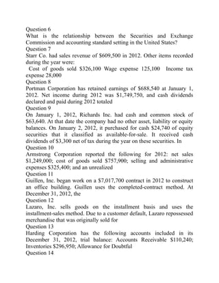 Question 6
What is the relationship between the Securities and Exchange
Commission and accounting standard setting in the United States?
Question 7
Starr Co. had sales revenue of $609,500 in 2012. Other items recorded
during the year were:
Cost of goods sold $326,100 Wage expense 125,100 Income tax
expense 28,000
Question 8
Portman Corporation has retained earnings of $688,540 at January 1,
2012. Net income during 2012 was $1,749,750, and cash dividends
declared and paid during 2012 totaled
Question 9
On January 1, 2012, Richards Inc. had cash and common stock of
$63,640. At that date the company had no other asset, liability or equity
balances. On January 2, 2012, it purchased for cash $24,740 of equity
securities that it classified as available-for-sale. It received cash
dividends of $3,300 net of tax during the year on these securities. In
Question 10
Armstrong Corporation reported the following for 2012: net sales
$1,249,000; cost of goods sold $757,900; selling and administrative
expenses $325,400; and an unrealized
Question 11
Guillen, Inc. began work on a $7,017,700 contract in 2012 to construct
an office building. Guillen uses the completed-contract method. At
December 31, 2012, the
Question 12
Lazaro, Inc. sells goods on the installment basis and uses the
installment-sales method. Due to a customer default, Lazaro repossessed
merchandise that was originally sold for
Question 13
Harding Corporation has the following accounts included in its
December 31, 2012, trial balance: Accounts Receivable $110,240;
Inventories $296,950; Allowance for Doubtful
Question 14
 