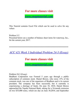For more classes visit
www.snaptutorial.com
This Tutorial contains Excel File which can be used to solve for any
values
Problem 5-2
Presented below are a number of balance sheet items for waterway, Inc.,
for the current year, 2017.
**********************************************************
ACC 421 Week 3 Individual Problem 24-3 (Essay)
For more classes visit
www.snaptutorial.com
Problem 24-3 (Essay)
Bradbum Corporation was Formed 5 years age through a public
subscription of common stock. Daniel Brown, who owns 15% of the
common stock, was one of the organizers of Bradburn and is its current
president. The company has been successful, but it currently is
experiencing a shortage of funds. On june 10, 2018, Daniel Brown
approached the Topeka National Bank, asking for a 24-month extension
on two $35,000 notes, which are due on June 30,2018, and September
 