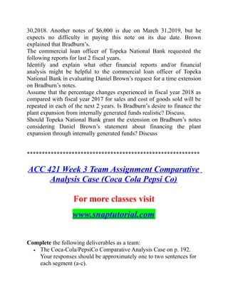 30,2018. Another notes of $6,000 is due on March 31,2019, but he
expects no difficulty in paying this note on its due date. Brown
explained that Bradburn’s.
The commercial loan officer of Topeka National Bank requested the
following reports for last 2 fiscal years.
Identify and explain what other financial reports and/or financial
analysis might be helpful to the commercial loan officer of Topeka
National Bank in evaluating Daniel Brown’s request for a time extension
on Bradburn’s notes.
Assume that the percentage changes experienced in fiscal year 2018 as
compared with fiscal year 2017 for sales and cost of goods sold will be
repeated in each of the next 2 years. Is Bradburn’s desire to finance the
plant expansion from internally generated funds realistic? Discuss.
Should Topeka National Bank grant the extension on Bradburn’s notes
considering Daniel Brown’s statement about financing the plant
expansion through internally generated funds? Discuss
**********************************************************
ACC 421 Week 3 Team Assignment Comparative
Analysis Case (Coca Cola Pepsi Co)
For more classes visit
www.snaptutorial.com
Complete the following deliverables as a team:
• The Coca-Cola/PepsiCo Comparative Analysis Case on p. 192.
Your responses should be approximately one to two sentences for
each segment (a-c).
 