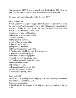 Net income of $47,730 was reported, and dividends of $28,130 were
paid in 2017. New equipment was purchased and none was sold.
Prepare a statement of cash flows for the year 2017.
Brief Exercise 23-1
Novak Corporation is preparing its 2017 statement of cash flows, using
the indirect method. Presented below is a list of items that may affect the
statement. Using the code below, indicate how each item will affect
Novak’s 2017 statement of cash flows.
a) Purchase of land and building.
b) Decrease in accounts receivable.
c) Issuance of stock.
d) Depreciation expense.
e) Sale of land at book value.
f) Sale of land at a gain.
g) Payment of dividends.
h) Increase in accounts receivable.
i) Purchase of available-for-sale debt investment.
j) Increase in accounts payable.
k) Decrease in accounts payable.
l) Loan from bank by signing note.
m) Purchase of equipment using a note.
n) Increase in inventory.
o) Issuance of bonds.
p) Redemption of bonds payable.
q) Sale of equipment at a loss.
r) Purchase of treasury stock.
Exercise 23-13
Novak Inc., a greeting card company, had the following statements
prepared as of December 31, 2017.
Additional information:
1. Dividends in the amount of $6,000 were declared and paid during
2012.
 