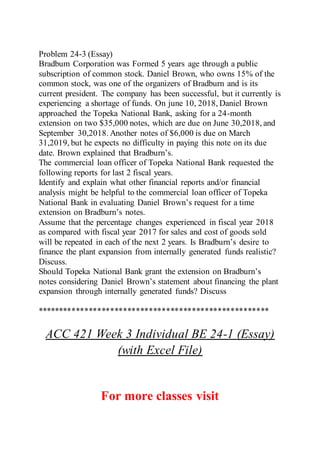 Problem 24-3 (Essay)
Bradbum Corporation was Formed 5 years age through a public
subscription of common stock. Daniel Brown, who owns 15% of the
common stock, was one of the organizers of Bradburn and is its
current president. The company has been successful, but it currently is
experiencing a shortage of funds. On june 10, 2018, Daniel Brown
approached the Topeka National Bank, asking for a 24-month
extension on two $35,000 notes, which are due on June 30,2018, and
September 30,2018. Another notes of $6,000 is due on March
31,2019, but he expects no difficulty in paying this note on its due
date. Brown explained that Bradburn’s.
The commercial loan officer of Topeka National Bank requested the
following reports for last 2 fiscal years.
Identify and explain what other financial reports and/or financial
analysis might be helpful to the commercial loan officer of Topeka
National Bank in evaluating Daniel Brown’s request for a time
extension on Bradburn’s notes.
Assume that the percentage changes experienced in fiscal year 2018
as compared with fiscal year 2017 for sales and cost of goods sold
will be repeated in each of the next 2 years. Is Bradburn’s desire to
finance the plant expansion from internally generated funds realistic?
Discuss.
Should Topeka National Bank grant the extension on Bradburn’s
notes considering Daniel Brown’s statement about financing the plant
expansion through internally generated funds? Discuss
******************************************************
ACC 421 Week 3 Individual BE 24-1 (Essay)
(with Excel File)
For more classes visit
 
