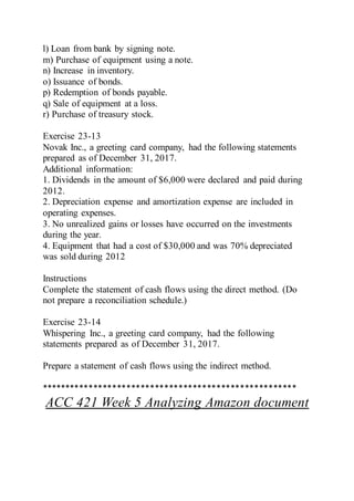 l) Loan from bank by signing note.
m) Purchase of equipment using a note.
n) Increase in inventory.
o) Issuance of bonds.
p) Redemption of bonds payable.
q) Sale of equipment at a loss.
r) Purchase of treasury stock.
Exercise 23-13
Novak Inc., a greeting card company, had the following statements
prepared as of December 31, 2017.
Additional information:
1. Dividends in the amount of $6,000 were declared and paid during
2012.
2. Depreciation expense and amortization expense are included in
operating expenses.
3. No unrealized gains or losses have occurred on the investments
during the year.
4. Equipment that had a cost of $30,000 and was 70% depreciated
was sold during 2012
Instructions
Complete the statement of cash flows using the direct method. (Do
not prepare a reconciliation schedule.)
Exercise 23-14
Whispering Inc., a greeting card company, had the following
statements prepared as of December 31, 2017.
Prepare a statement of cash flows using the indirect method.
******************************************************
ACC 421 Week 5 Analyzing Amazon document
 