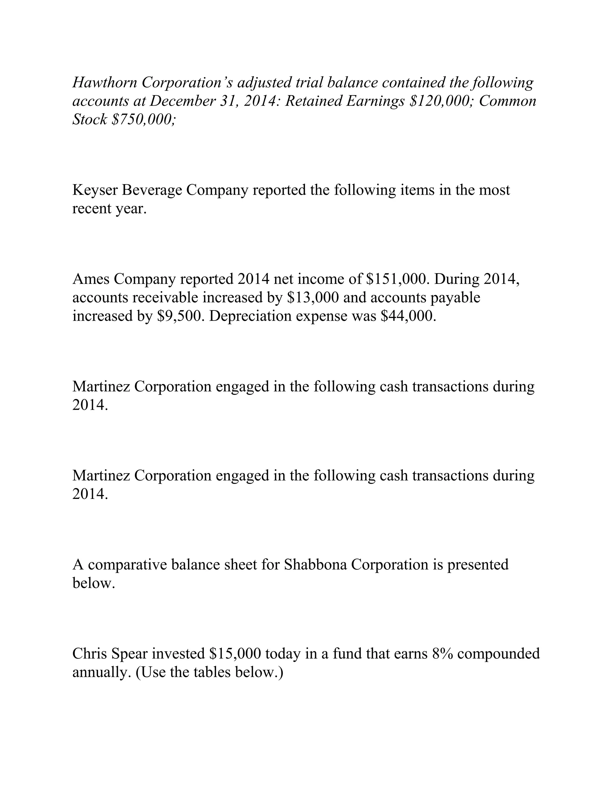 Hawthorn Corporation’s adjusted trial balance contained the following
accounts at December 31, 2014: Retained Earnings $120,000; Common
Stock $750,000;
Keyser Beverage Company reported the following items in the most
recent year.
Ames Company reported 2014 net income of $151,000. During 2014,
accounts receivable increased by $13,000 and accounts payable
increased by $9,500. Depreciation expense was $44,000.
Martinez Corporation engaged in the following cash transactions during
2014.
Martinez Corporation engaged in the following cash transactions during
2014.
A comparative balance sheet for Shabbona Corporation is presented
below.
Chris Spear invested $15,000 today in a fund that earns 8% compounded
annually. (Use the tables below.)
 