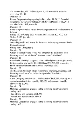 Net income $45,190 Dividends paid 5,770 Increase in accounts
receivable 10,140
Question 17
Linden Corporation is preparing its December 31, 2012, financial
statements. Two events thatoccurred between December 31, 2012,
and March 10, 2013, when the
Question 18
Roder Corporation has seven industry segments with total revenues as
follows.
Penley $1,827 Cheng $609 Konami 2,088 Takuhi 522 KSC 696
Molina 2,175 Red Moon
Question 19
Operating profits and losses for the seven industry segments of Roder
Corporation are:
Penley $234 Cheng $(54)
Question 20
Which of the following events will appear in the cash flows from
financing activities section of the statement of cash flows?
Question 21
Heartland Company's budgeted sales and budgeted cost of goods sold
for the coming year are $146,550,000 and $35,397,000 respectively.
Short-term interest rates are expected to average 10%.
Question 22
The financial statement which summarizes operating, investing, and
financing activities of an entity for a period of time is the:
Question 23
Ames Company reported 2012 net income of $159,290. During 2012,
accounts receivable increased by $15,630 and accounts payable
increased by $9,930.
Question 24
Martinez Corporation engaged in the following cash transactions
during 2012.
Sale of land and building $191,970
Purchase of treasury stock 45,020
Question 25
Martinez Corporation engaged in the following cash transactions
during 2012.
 