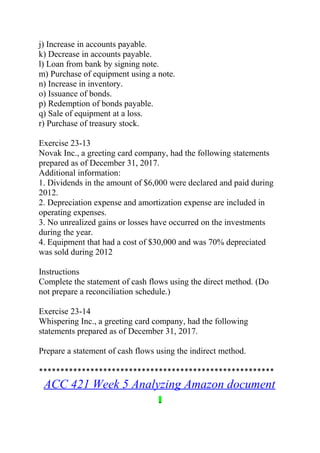 j) Increase in accounts payable.
k) Decrease in accounts payable.
l) Loan from bank by signing note.
m) Purchase of equipment using a note.
n) Increase in inventory.
o) Issuance of bonds.
p) Redemption of bonds payable.
q) Sale of equipment at a loss.
r) Purchase of treasury stock.
Exercise 23-13
Novak Inc., a greeting card company, had the following statements
prepared as of December 31, 2017.
Additional information:
1. Dividends in the amount of $6,000 were declared and paid during
2012.
2. Depreciation expense and amortization expense are included in
operating expenses.
3. No unrealized gains or losses have occurred on the investments
during the year.
4. Equipment that had a cost of $30,000 and was 70% depreciated
was sold during 2012
Instructions
Complete the statement of cash flows using the direct method. (Do
not prepare a reconciliation schedule.)
Exercise 23-14
Whispering Inc., a greeting card company, had the following
statements prepared as of December 31, 2017.
Prepare a statement of cash flows using the indirect method.
*******************************************************
ACC 421 Week 5 Analyzing Amazon document
 
