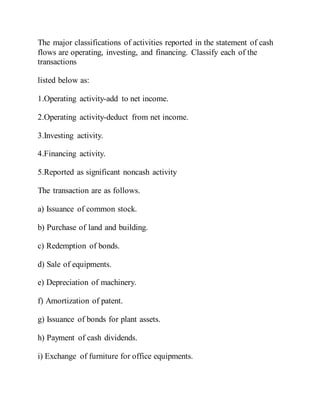 The major classifications of activities reported in the statement of cash
flows are operating, investing, and financing. Classify each of the
transactions
listed below as:
1.Operating activity-add to net income.
2.Operating activity-deduct from net income.
3.Investing activity.
4.Financing activity.
5.Reported as significant noncash activity
The transaction are as follows.
a) Issuance of common stock.
b) Purchase of land and building.
c) Redemption of bonds.
d) Sale of equipments.
e) Depreciation of machinery.
f) Amortization of patent.
g) Issuance of bonds for plant assets.
h) Payment of cash dividends.
i) Exchange of furniture for office equipments.
 