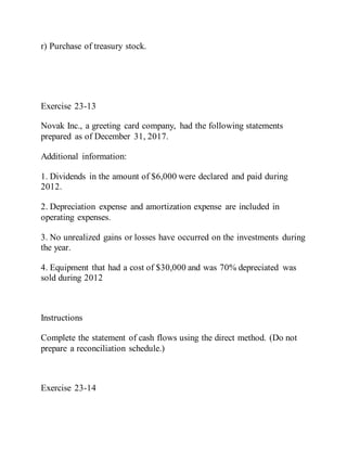 r) Purchase of treasury stock.
Exercise 23-13
Novak Inc., a greeting card company, had the following statements
prepared as of December 31, 2017.
Additional information:
1. Dividends in the amount of $6,000 were declared and paid during
2012.
2. Depreciation expense and amortization expense are included in
operating expenses.
3. No unrealized gains or losses have occurred on the investments during
the year.
4. Equipment that had a cost of $30,000 and was 70% depreciated was
sold during 2012
Instructions
Complete the statement of cash flows using the direct method. (Do not
prepare a reconciliation schedule.)
Exercise 23-14
 