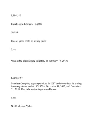 1,104,580
Freight-in to February 10, 2017
59,180
Rate of gross profit on selling price
35%
What is the approximate inventory on February 10, 2017?
Exercise 9-4
Martinez Company began operations in 2017 and determined its ending
inventory at cost and at LCNRV at December 31, 2017, and December
31, 2018. This information is presented below.
Cost
Net Realizable Value
 