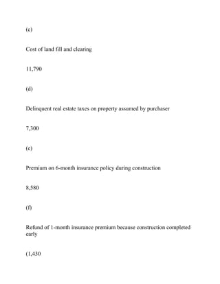 (c)
Cost of land fill and clearing
11,790
(d)
Delinquent real estate taxes on property assumed by purchaser
7,300
(e)
Premium on 6-month insurance policy during construction
8,580
(f)
Refund of 1-month insurance premium because construction completed
early
(1,430
 