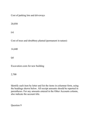 Cost of parking lots and driveways
20,050
(o)
Cost of trees and shrubbery planted (permanent in nature)
14,440
(p)
Excavation costs for new building
2,700
Identify each item by letter and list the items in columnar form, using
the headings shown below. All receipt amounts should be reported in
parentheses. For any amounts entered in the Other Accounts column,
also indicate the account title.
Question 9
 