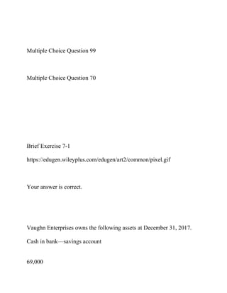 Multiple Choice Question 99
Multiple Choice Question 70
Brief Exercise 7-1
https://edugen.wileyplus.com/edugen/art2/common/pixel.gif
Your answer is correct.
Vaughn Enterprises owns the following assets at December 31, 2017.
Cash in bank—savings account
69,000
 
