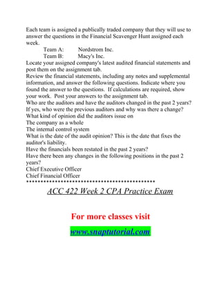 Each team is assigned a publically traded company that they will use to
answer the questions in the Financial Scavenger Hunt assigned each
week.
Team A: Nordstrom Inc.
Team B: Macy's Inc.
Locate your assigned company's latest audited financial statements and
post them on the assignment tab.
Review the financial statements, including any notes and supplemental
information, and answer the following questions. Indicate where you
found the answer to the questions. If calculations are required, show
your work. Post your answers to the assignment tab.
Who are the auditors and have the auditors changed in the past 2 years?
If yes, who were the previous auditors and why was there a change?
What kind of opinion did the auditors issue on
The company as a whole
The internal control system
What is the date of the audit opinion? This is the date that fixes the
auditor's liability.
Have the financials been restated in the past 2 years?
Have there been any changes in the following positions in the past 2
years?
Chief Executive Officer
Chief Financial Officer
*********************************************
ACC 422 Week 2 CPA Practice Exam
For more classes visit
www.snaptutorial.com
 