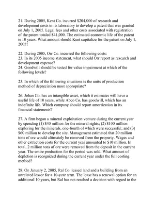 21. During 2005, Kent Co. incurred $204,000 of research and
development costs in its laboratory to develop a patent that was granted
on July 1, 2005. Legal fees and other costs associated with registration
of the patent totaled $41,000. The estimated economic life of the patent
is 10 years. What amount should Kent capitalize for the patent on July 1,
2005?
22. During 2005, Orr Co. incurred the following costs:
23. In its 2005 income statement, what should Orr report as research and
development expense?
24. Goodwill should be tested for value impairment at which of the
following levels?
25. In which of the following situations is the units of production
method of depreciation most appropriate?
26. Johan Co. has an intangible asset, which it estimates will have a
useful life of 10 years, while Abco Co. has goodwill, which has an
indefinite life. Which company should report amortization in its
financial statements?
27. A firm began a mineral exploitation venture during the current year
by spending (1) $40 million for the mineral rights; (2) $100 million
exploring for the minerals, one-fourth of which were successful; and (3)
$60 million to develop the site. Management estimated that 20 million
tons of ore would ultimately be removed from the property. Wages and
other extraction costs for the current year amounted to $10 million. In
total, 2 million tons of ore were removed from the deposit in the current
year. The entire production for the period was sold. What amount of
depletion is recognized during the current year under the full costing
method?
28. On January 2, 2005, Ral Co. leased land and a building from an
unrelated lessor for a 10-year term. The lease has a renewal option for an
additional 10 years, but Ral has not reached a decision with regard to the
 