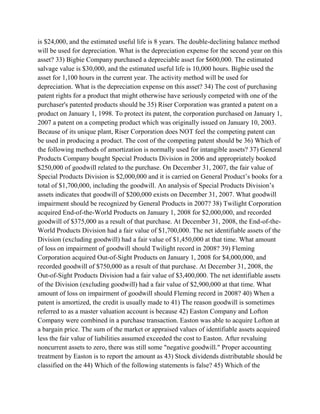 is $24,000, and the estimated useful life is 8 years. The double-declining balance method
will be used for depreciation. What is the depreciation expense for the second year on this
asset? 33) Bigbie Company purchased a depreciable asset for $600,000. The estimated
salvage value is $30,000, and the estimated useful life is 10,000 hours. Bigbie used the
asset for 1,100 hours in the current year. The activity method will be used for
depreciation. What is the depreciation expense on this asset? 34) The cost of purchasing
patent rights for a product that might otherwise have seriously competed with one of the
purchaser's patented products should be 35) Riser Corporation was granted a patent on a
product on January 1, 1998. To protect its patent, the corporation purchased on January 1,
2007 a patent on a competing product which was originally issued on January 10, 2003.
Because of its unique plant, Riser Corporation does NOT feel the competing patent can
be used in producing a product. The cost of the competing patent should be 36) Which of
the following methods of amortization is normally used for intangible assets? 37) General
Products Company bought Special Products Division in 2006 and appropriately booked
$250,000 of goodwill related to the purchase. On December 31, 2007, the fair value of
Special Products Division is $2,000,000 and it is carried on General Product’s books for a
total of $1,700,000, including the goodwill. An analysis of Special Products Division’s
assets indicates that goodwill of $200,000 exists on December 31, 2007. What goodwill
impairment should be recognized by General Products in 2007? 38) Twilight Corporation
acquired End-of-the-World Products on January 1, 2008 for $2,000,000, and recorded
goodwill of $375,000 as a result of that purchase. At December 31, 2008, the End-of-the-
World Products Division had a fair value of $1,700,000. The net identifiable assets of the
Division (excluding goodwill) had a fair value of $1,450,000 at that time. What amount
of loss on impairment of goodwill should Twilight record in 2008? 39) Fleming
Corporation acquired Out-of-Sight Products on January 1, 2008 for $4,000,000, and
recorded goodwill of $750,000 as a result of that purchase. At December 31, 2008, the
Out-of-Sight Products Division had a fair value of $3,400,000. The net identifiable assets
of the Division (excluding goodwill) had a fair value of $2,900,000 at that time. What
amount of loss on impairment of goodwill should Fleming record in 2008? 40) When a
patent is amortized, the credit is usually made to 41) The reason goodwill is sometimes
referred to as a master valuation account is because 42) Easton Company and Lofton
Company were combined in a purchase transaction. Easton was able to acquire Lofton at
a bargain price. The sum of the market or appraised values of identifiable assets acquired
less the fair value of liabilities assumed exceeded the cost to Easton. After revaluing
noncurrent assets to zero, there was still some "negative goodwill." Proper accounting
treatment by Easton is to report the amount as 43) Stock dividends distributable should be
classified on the 44) Which of the following statements is false? 45) Which of the
 