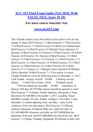 ACC 422 Final Exam Guide (New 2018, With
EXCEL FILE, Score 29 30)
For more course tutorials visit
www.acc422.com
This Tutorial contains excel File which can be used to solve for any
change in values Brief Exercise 7-1 Brief Exercise 7-7 Brief Exercise
7-14 Brief Exercise 7-15 Brief Exercise 8-4 (Part Level Submission)
Brief Exercise 8-5 Brief Exercise 8-6 Multiple Choice Question 21
Question 14 Brief Exercise 9-4 Exercise 9-4 Brief Exercise 10-6 Brief
Exercise 10-8 Exercise 10-1 Question 9 Brief Exercise 11-8 Brief
Exercise 12-2 Brief Exercise 12-8 Exercise 12-3 Brief Exercise 13-2
Brief Exercise 13-5 Brief Exercise 13-10 Brief Exercise 13-13 Brief
Exercise 14-3 Brief Exercise 14-12 Brief Exercise 14-14 Brief
Exercise 21-11 Exercise 21-1 Multiple Choice Question 99 Multiple
Choice Question 70 Brief Exercise 7-1 Your answer is correct.
Vaughn Enterprises owns the following assets at December 31, 2017.
Cash in bank—savings account 69,000 Checking account
balance 17,600 Cash on hand 9,030 Postdated checks
770 Cash refund due from IRS 35,600 Certificates of
deposit (180-day) 94,570 What amount should be reported as cash?
Brief Exercise 7-7 Larkspur Family Importers sold goods to Tung
Decorators for $40,800 on November 1, 2017, accepting Tung’s
$40,800, 6-month, 6% note. Prepare Larkspur’s November 1 entry,
December 31 annual adjusting entry, and May 1 entry for the
collection of the note and interest. Brief Exercise 7-14 Recent
financial statements of General Mills, Inc. report net sales of
$12,442,000,000.Accounts receivable are $912,000,000 at the
beginning of the year and $953,000,000 at the end of the year. Brief
Exercise 7-15 Indigo Company designated Jill Holland as petty cash
 