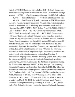 Details of All 180 Questions Given Below SET 1 1. Kraft Enterprises
owns the following assets at December 31, 2012. Cash in bank–savings
account 67,516 Checking account balance 26,445 Cash on hand
9,478 Postdated checks 753 Cash refund due from IRS
40,324 Certificates of deposit (180-day) 94,754 What amount
should be reported as cash? Question 2 Presented below is information
related to Rembrandt Inc.’s inventory. (per unit) Skis Boots Parkas
Historical Cost 273.79 152.75 76.37 Selling Price 312.70 208.95 106.27
Cost to distribute 27.38 11.53 3.60 Current replacement cost 292.52
151.31 73.49 Normal profit margin 46.11 41.79 30.62 Determine the
following: Question 3 Matlock Company uses a perpetual inventory
system. Its beginning inventory consists of 67 units that cost $40 each.
During June, the company purchased 202 units at $40 each, returned 8
units for credit, and sold 168 units at $67 each. Journalize the June
transactions. Question 4 Amsterdam Company uses a periodic inventory
system. For April, when the company sold 700 units, the following
information is available. Compute the April 30 inventory and the April
cost of goods sold using the average cost method. Question 5
Amsterdam Company uses a periodic inventory system. For April, when
the company sold 600 units, the following information is available.
Compute the April 30 inventory and the April cost of goods sold using
the FIFO method. Question 6 (FIFO, LIFO, Average Cost Inventory)
Esplanade Company was formed on December 1, 2011. The following
information is available from Esplanade’s inventory records for Product
BAP. Purchases Units Unit Cost January 1, 2012(beginning inventory)
762 8.00 January 5, 2012 1,524 9.00 January 25, 2012 1,651 10.00
February 16, 2012 1,061 11.00 March 26, 2012 762 12.00 A physical
inventory on March 31, 2012, shows 2,032 units on hand. Prepare
schedules to compute the ending inventory at March 31, 2012, under
each of the following inventory methods. Assume Esplanade Company
 