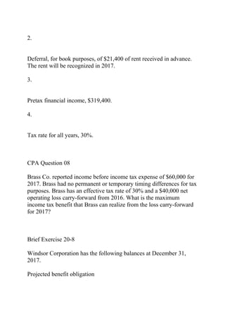2.
Deferral, for book purposes, of $21,400 of rent received in advance.
The rent will be recognized in 2017.
3.
Pretax financial income, $319,400.
4.
Tax rate for all years, 30%.
CPA Question 08
Brass Co. reported income before income tax expense of $60,000 for
2017. Brass had no permanent or temporary timing differences for tax
purposes. Brass has an effective tax rate of 30% and a $40,000 net
operating loss carry-forward from 2016. What is the maximum
income tax benefit that Brass can realize from the loss carry-forward
for 2017?
Brief Exercise 20-8
Windsor Corporation has the following balances at December 31,
2017.
Projected benefit obligation
 