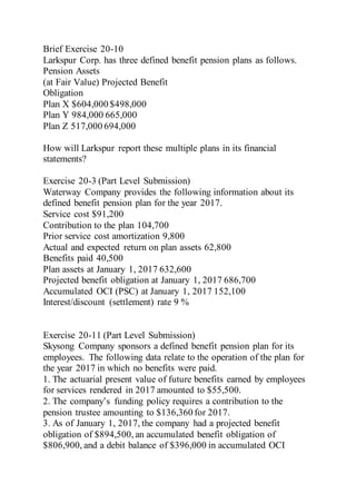 Brief Exercise 20-10
Larkspur Corp. has three defined benefit pension plans as follows.
Pension Assets
(at Fair Value) Projected Benefit
Obligation
Plan X $604,000 $498,000
Plan Y 984,000 665,000
Plan Z 517,000 694,000
How will Larkspur report these multiple plans in its financial
statements?
Exercise 20-3 (Part Level Submission)
Waterway Company provides the following information about its
defined benefit pension plan for the year 2017.
Service cost $91,200
Contribution to the plan 104,700
Prior service cost amortization 9,800
Actual and expected return on plan assets 62,800
Benefits paid 40,500
Plan assets at January 1, 2017 632,600
Projected benefit obligation at January 1, 2017 686,700
Accumulated OCI (PSC) at January 1, 2017 152,100
Interest/discount (settlement) rate 9 %
Exercise 20-11 (Part Level Submission)
Skysong Company sponsors a defined benefit pension plan for its
employees. The following data relate to the operation of the plan for
the year 2017 in which no benefits were paid.
1. The actuarial present value of future benefits earned by employees
for services rendered in 2017 amounted to $55,500.
2. The company’s funding policy requires a contribution to the
pension trustee amounting to $136,360 for 2017.
3. As of January 1, 2017, the company had a projected benefit
obligation of $894,500, an accumulated benefit obligation of
$806,900, and a debit balance of $396,000 in accumulated OCI
 